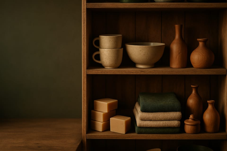Étagère de boutique artisanale avec céramiques et objets en bois