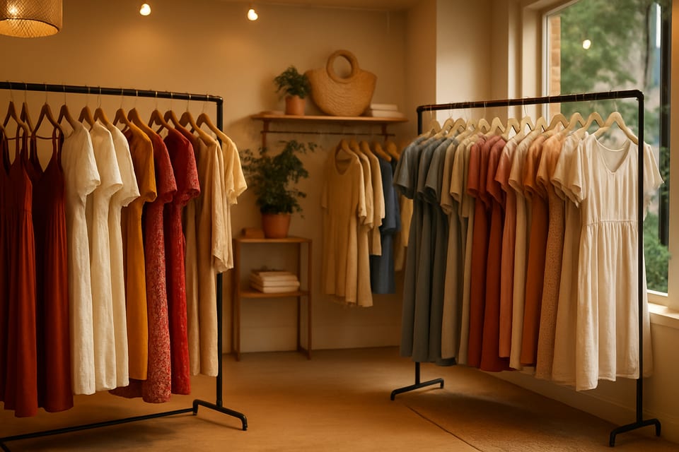 Portants de vêtements d'été dans une boutique lumineuse