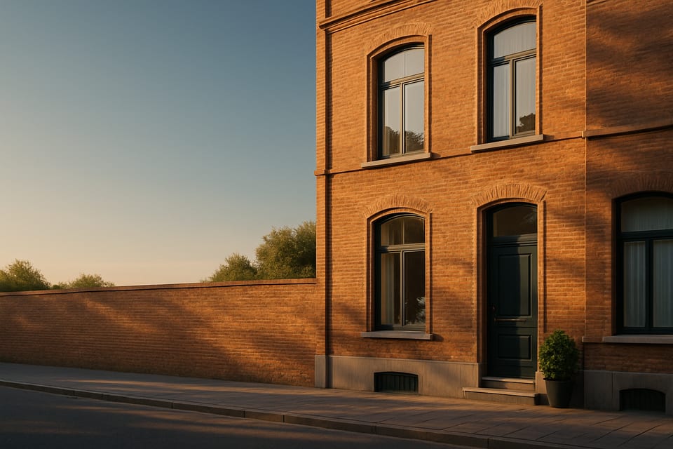 Façade de maison de ville bruxelloise en brique au coucher du soleil